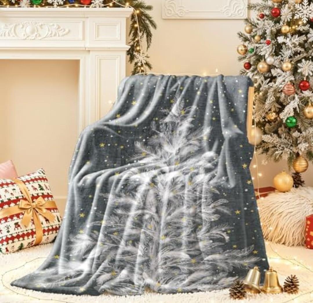Lahome Christmas Blanket, Christmas Decorations Gifts for Women, Flannel Fleece Winter Holiday Blanket, Fluffy Cozy Soft Christams Throws for Couch Sofa Bed, ChristamsTree Pattern, Gray, 50" X 60"