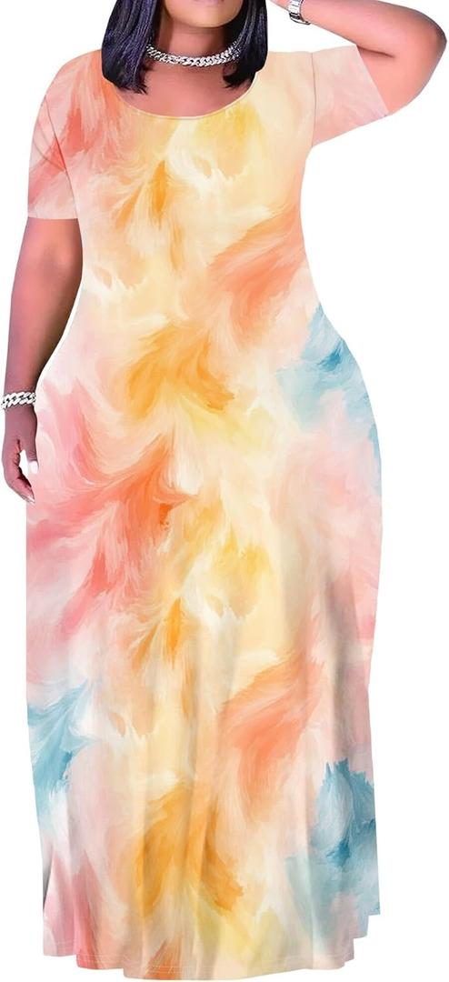 SUZONANA Plus Size Maxi Dress for Curvy Women Summer Casual Sundress Short Sleeve Loose Vacation Dress, XXL
