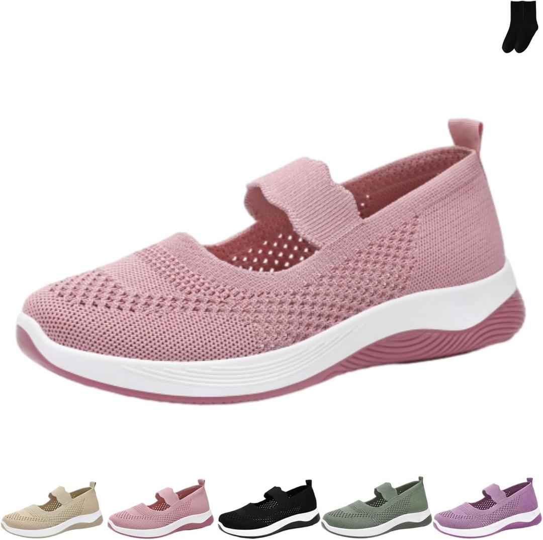 Women's Mesh Breathable Slip on Casual Mary Jane Walking Shoes, Summer Comfortable Orthopedic Sneakers, Flat Lightweight Non-Slip Tennis Shoes (39, Pink)