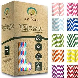 Naturalik 300-Pack Multi-Color Extra Durable Paper Straws - Biodegradable Premium Paper Straws for Juices, Restaurants and Party Decorations, 7.7" (Multicolor, 300)