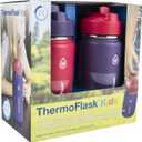 ThermoFlask Kids 14 oz Insulated Water Bottles with Straw Lid BPA-Free Stainless Steel Leakproof & Spill-Proof Design Easy Clean Wide Mouth 2-Pack for School, Sports, Playdates, Punch/Eggplant