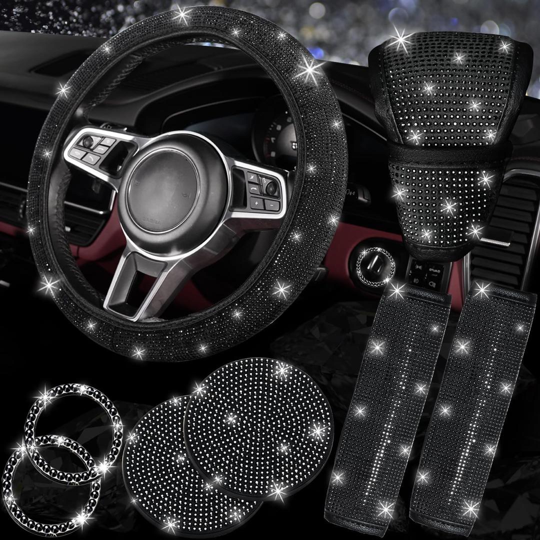 NBTEPEM 8 pcs Bling Car Accessories Set for Women, Steering Wheel Cover, Sparkly Seat Belt Covers, Bling Gear Shift Cover, Universal Fit Most Cars (Black Diamond) NBTEPEM 8 pcs Bling Car Accessories Set for Women, Steering Wheel Cover, Sparkly Seat Belt Covers, Bling Gear Shift Cover, Universal Fit Most Cars (Black Diamond)
