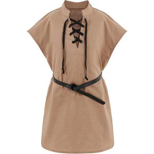 Boys Kids Renaissance Pirate T Shirts Viking Medieval Sleeveless Lace Up Costume Scottish Cotton Tank Tops (12-14 Years, Brown)