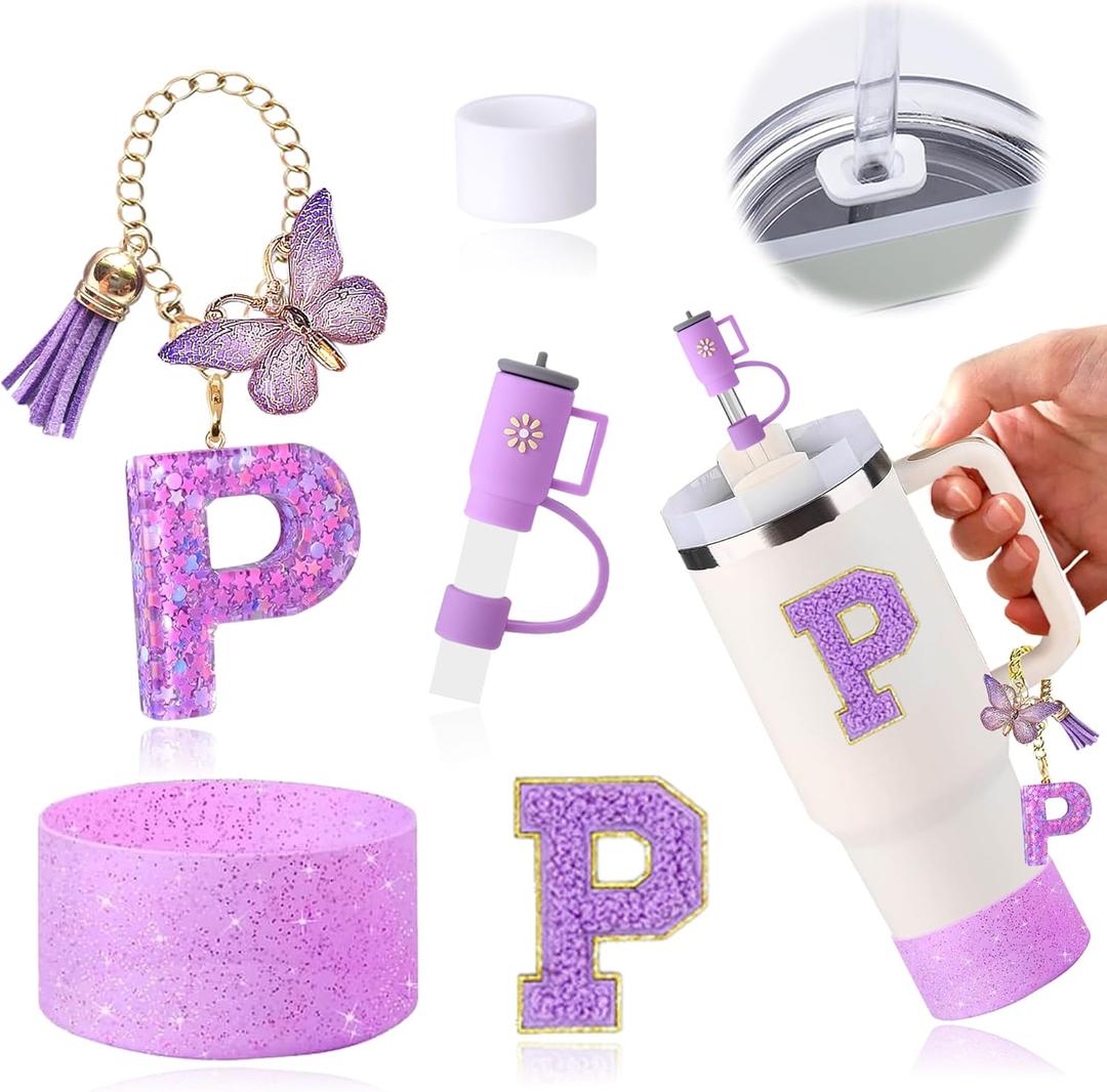 Stanley Cup Accessories Set of 6 PCS, Including Letter Stickers, Letter Chains, Straw Caps, Cup Sleeves, and Spill Proof Stoppers, Purple, 30 Oz 40 Oz, Water Bottle Carrier Set