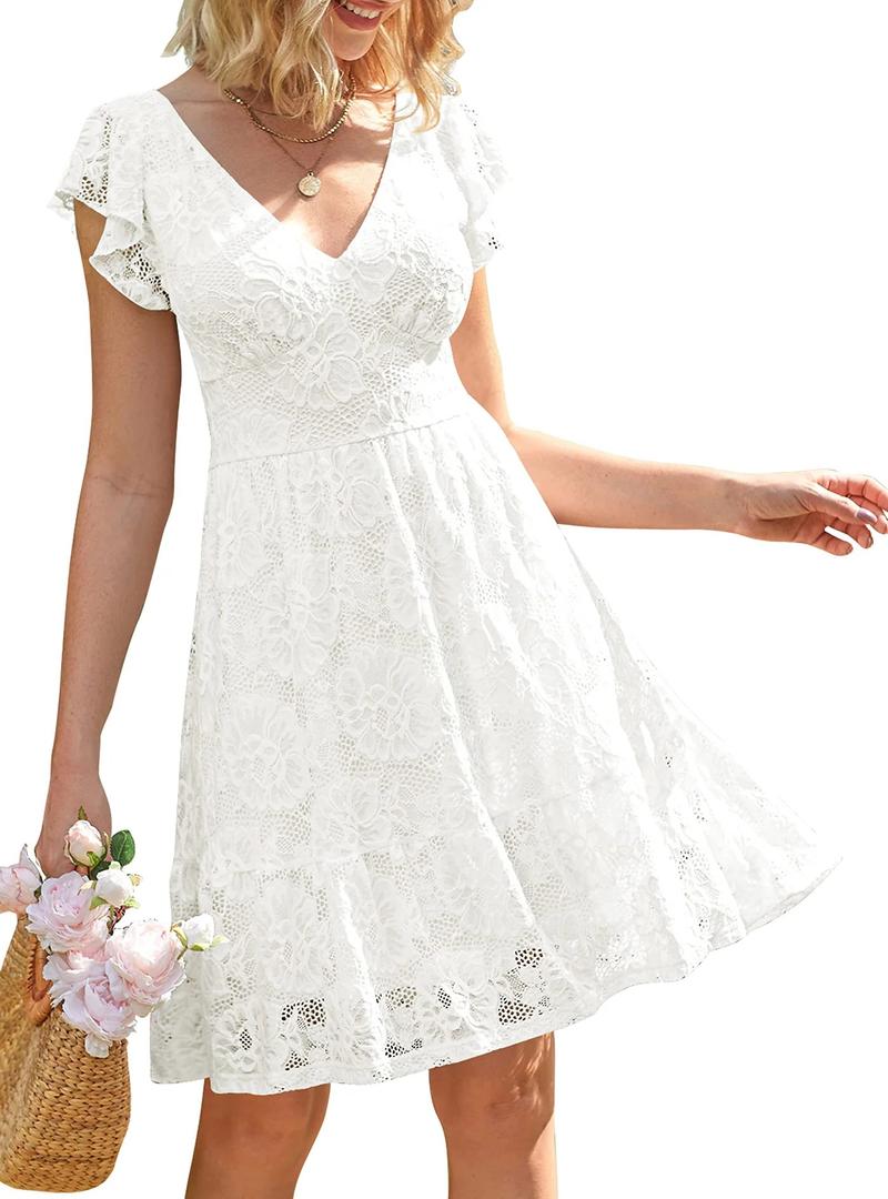 MEROKEETY V NECK FLUTTER SLEEVE FLORAL LACE TIE BACK MINI DRESS, LARGE, WHITE