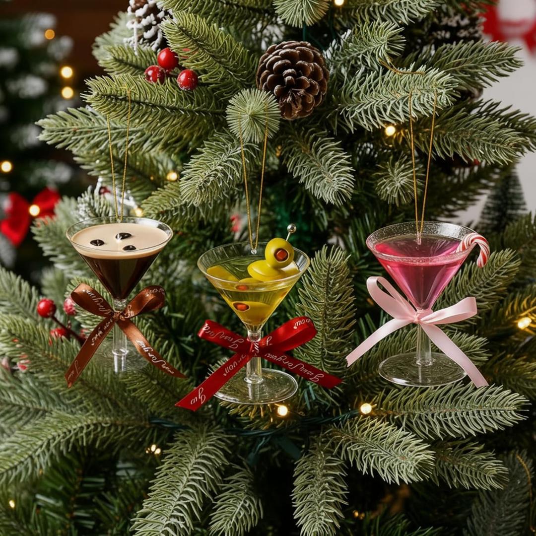 Marsui 3pcs Christmas Martini Ornaments Coffee Espresso Martini Hanging Ornaments Old World Cocktail Glass for Christmas Tree Decoration Handcrafted Holiday Gifts Adult Beverages Collection