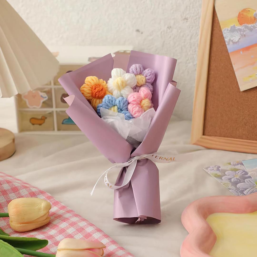 Handmade Mini Flower Crochet Bouquets, Artificial Eternal Puff Flower, Mini Bouquet Knitted Decorations for Women Happy Valentines Day Birthday Wedding Christmas Thanksgiving Holiday(Purple)