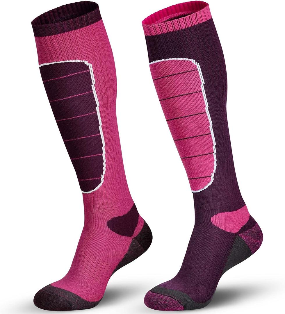 Hylaea Merino Wool Ski Socks, Cold Weather Socks for Snowboarding, Snow, Winter, Thermal Knee-high Warm Socks, Hunting (X-Large, Pink Rose Red (2 Pairs))