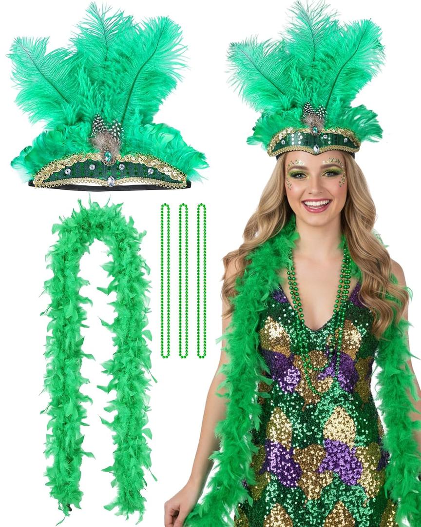 5 Pcs Feather Headpiece Accessories Set, Green Carnival Costume Set with Beads Necklaces and Feather Boa, 1920s Flapper Accessories for Women Costume Masquerade Party