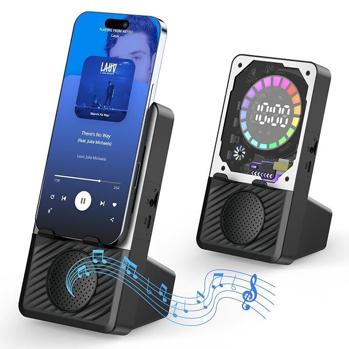 Wireless Induction Speaker, 5 in 1 Bluetooth Speaker with Cell Phone Stand, Phone Holder with Rechargeable Colorful Light and Alarm Clock for iPhone/Android/iPad, Gifts for Men Women（Black）