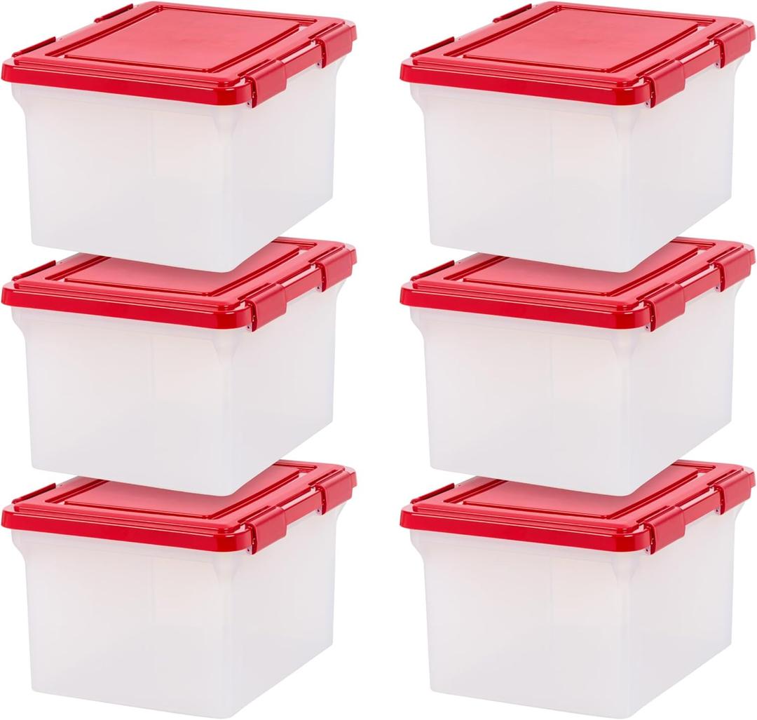 IRIS USA WeatherPro Light and Garland Holiday Decor Home Organizer with Light Reel Inserts, Holiday Storage for Lights Garlands Decorations and Decorations with Seal Latching Lid 6 Pack, Clear/Red