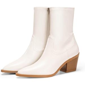 Coutgo Womens Pointed Toe Ankle Boots Chunky Stacked Heel Side Zipper Leather Fall Booties Shoes (8.5, Beige)