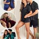 SWOMOG Couples Matching Pajamas Set Satin Short Sleeve Button Down Tops Silk Shorts Pj Lounge Set Soft Sleepwear (Green, M)