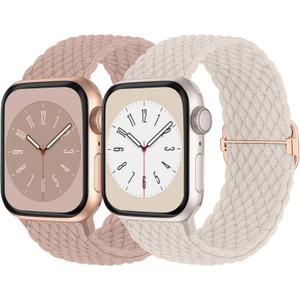 Braided Solo Loop Compatible with Apple Watch Band 38mm 40mm 41mm 42mm 44mm 45mm 46mm 49mm Women Men, Adjustable Stretchy Bands Elastic Sport Strap for iWatch Series 11 10 9 8 7 6 5 4 3 2 SE Ultra 3 2 (Starlight/Pink)