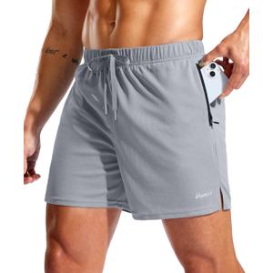 Pudolla Men's Workout Running Shorts with Zipper Pockets 5" Lightweight Quick Dry Athletic Gym Mesh Shorts no Liner(Light Grey Medium) (Gray, M)