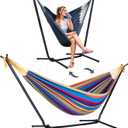 SUNCREAT 2-in-1 Convertible Backyard Fabric Hammock with Stand, Large Hammocks for Outside, Patented, Purple Stripe