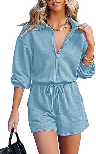 Fixmatti Women Zip up Romper Long Sleeve V Neck Drawstring Waist Casual Shorts Jumpsuit with Pockets 