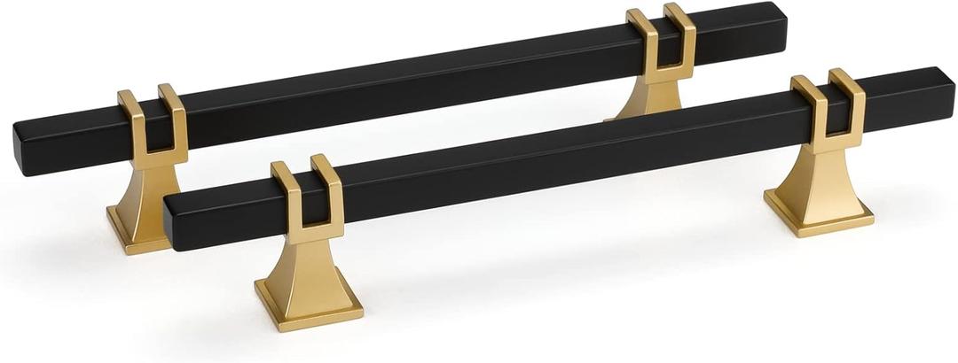 5 Inch 10 Pack Cabinet Handles Black and Gold Cabinet Pulls for Kitchen Handware, Black & Gold Rustic Square Drawer Pulls for Desk Dresser Cupboard (5in Hole Centers)