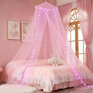 Pink Bed Canopy with Star Lights for Girls Bedroom, Dome Princess Canopy Bed Curtains with Pink Lights 8 Modes USB Powered, Bed Netting Kids Tent Twin Full Queen King Size Bed
