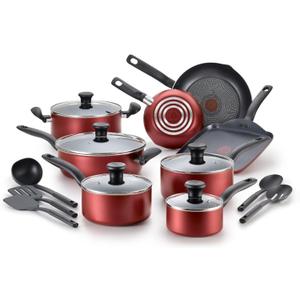 T-fal Initiatives Nonstick Cookware Set 18 Piece, Oven Broiler Safe 350F, Kitchen Cooking Set w/Fry Pans, Saucepans, Saute Pan, Dutch Oven, Griddle, Pots and Pans, Home, Dishwasher Safe, Red