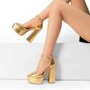 DREAM PAIRS High Heels Chunky Block Platform Heels for Women Ankle Strap Sexy Open Square Toe Heels Dressy Pumps Sandals, Size 6, Gold