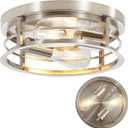 2-Light Round Flush Mount Ceiling Light, Farmhouse Brushed Nickel Metal Cage Close to Ceiling Light Fixture, 11inch E26 Base Semi Ceiling Mount Lamp, Modern Pendant Lighting for Porch Hallway (Silver)