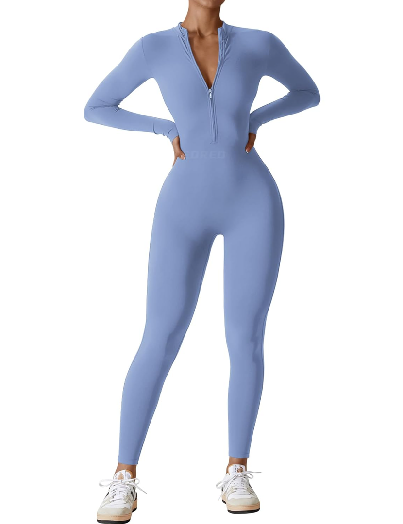 YEOREO Women Long Sleeve Workout Jumpsuit Zip Up Romper Bottom Pants Bodysuit Bodycon Sexy One Piece, Size L