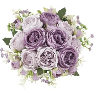 Mkono Peonies Artificial Flowers, Small Silk Flowers for Home Decor Indoor Fake Bouquet Faux Floral Arrangements Dining Table Centerpieces for Kitchen Bridal Wedding Party Decor Purple
