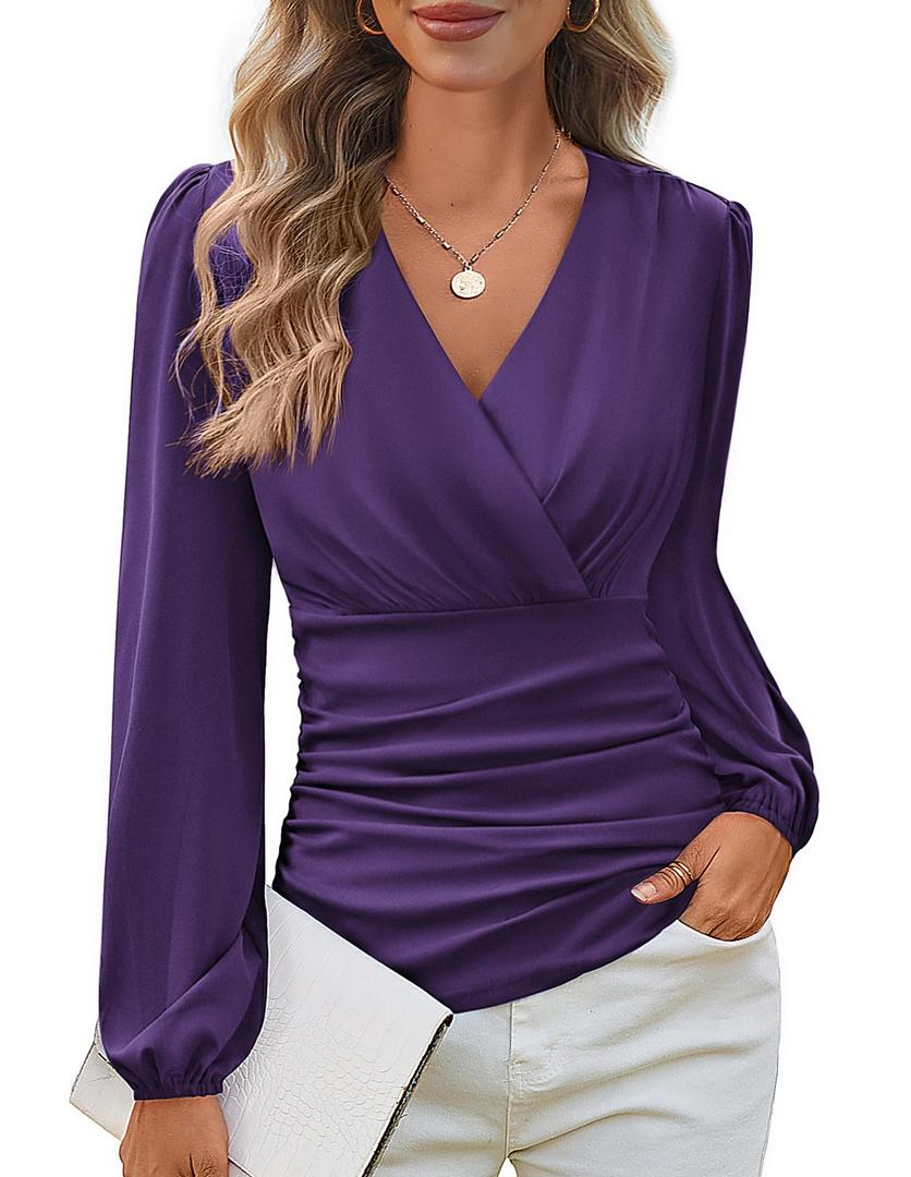 GRACE KARIN Long Sleeve Blouses for Women Dressy Casual, Wrap Tops Work Shirts, 2026 Fall Business Outfits M