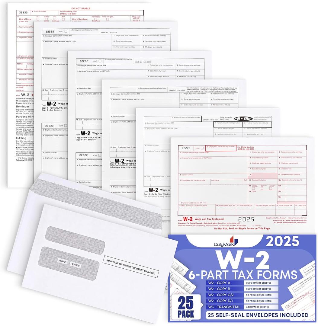 W2 Forms 2025 with Envelopes, 6 Part W2 Tax Forms for 25 Employees IRS Compatible Laser Forms with 3 W3s, Works with Quick books in Other Software - Includes 25 Self-Seal Envelopes