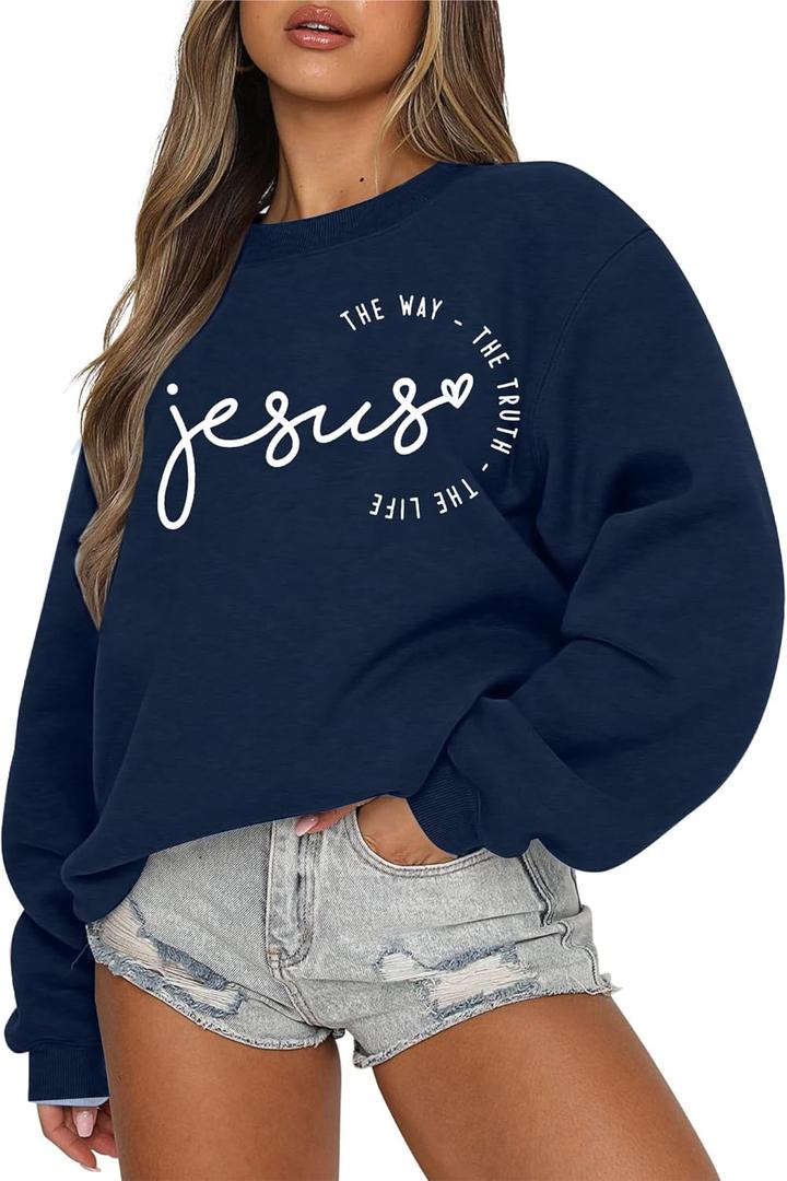 MOUSYA Jesus Oversized Sweatshirt Woman Christian Sweater Jesus The Way The Truth The Life Shirt Religious Long Sleeve Tops (Small, Blue)