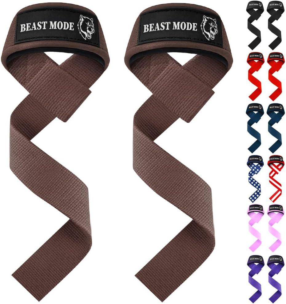 2 x TECEUM Lifting Straps for Weightlifting Gym Strength Training - Wrist Straps with Neoprene Padded Cotton - Men & Women  Ideal for Powerlifting, Bodybuilding & Deadlifts (18" - Beast Mode, Brown)