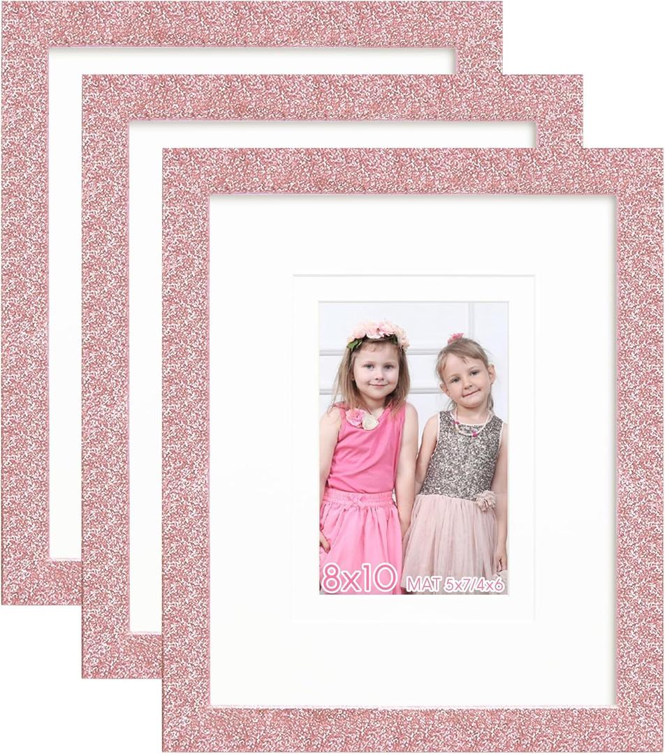 8x10 Glitter Picture Frame Set of 3, Stylish Sparkling Photo Frames with 5x7/4x6 Mat, Solid Wood and Real Glass for Tabletop or Wall Mount, Cute Home Office Decor, Pink