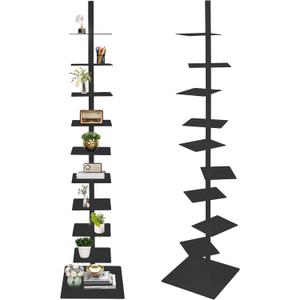 9 Tier Metal Spine Bookshelf Tower, Adjustable Vertical Tower for Books, Tall & Narrow Ladder Bookcase, Metal Vertical Bookshelf for Study Room,Living Room,Office,Bedroom (Black), 15.4 inches x 68.9 inches