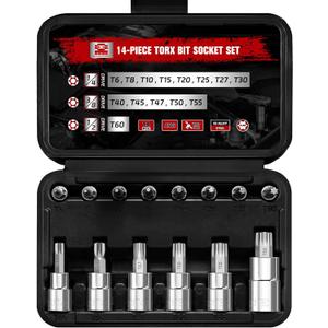 14-Piece Torx Bit Socket Set T6-T60, S2 and Cr-V Steel Star Bit Socket Set 1/4 3/8 1/2 Drive, T Torx Enhanced Storage Case for Motorcycle Bicycle Machinery Repair
