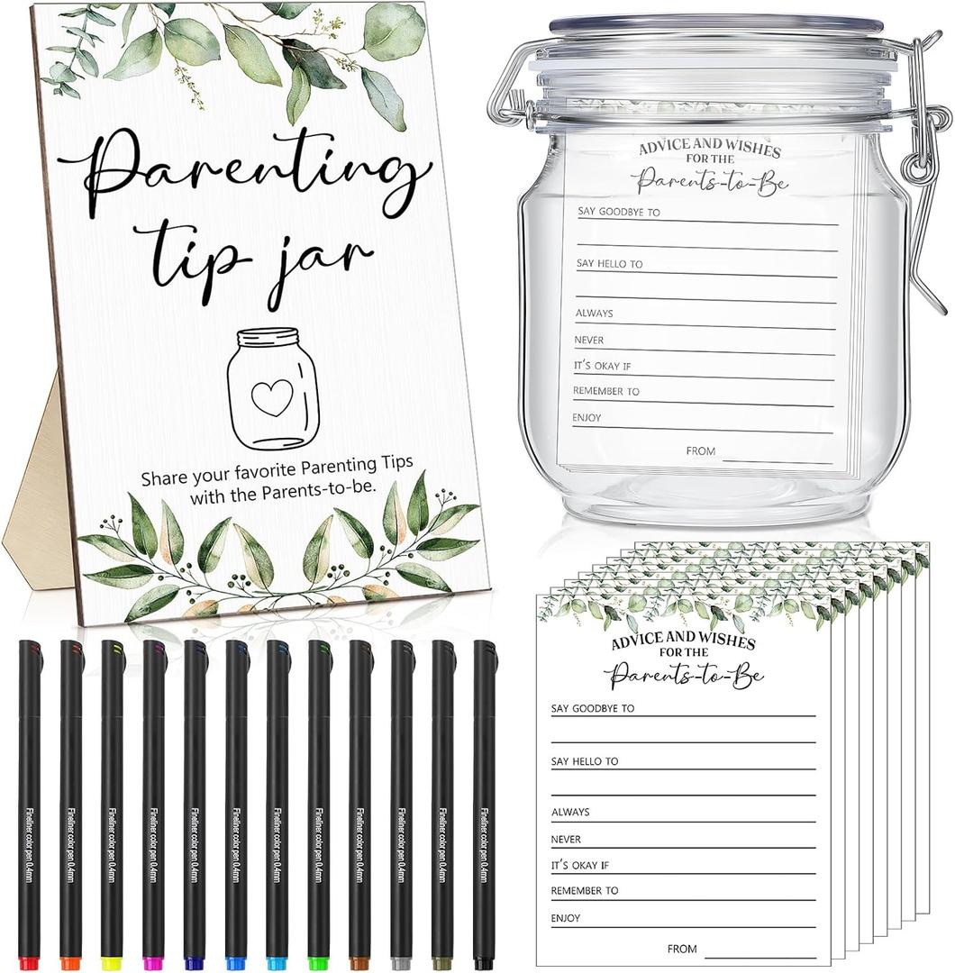 Spakon 114 Pcs Baby Shower to Baby Advice Cards for New Parents to Be Parenting Tip Jar Sign for New Parents 100 Parenting Advice Cards 12 Ink Pens 1 Wooden Sign 1 Bottle for Guests(Greenery)