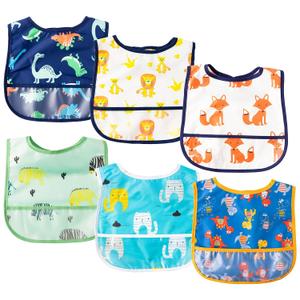 6Pcs Waterproof Toddler Bibs Baby Feeding Bib Set with Crumb Catcher Pocket Infant Adjustable Baby Teething Bib Babies Sleeveless Animals Food Bibs Keepsake Gift for Baby Shower, 6-24 Months (Blue)