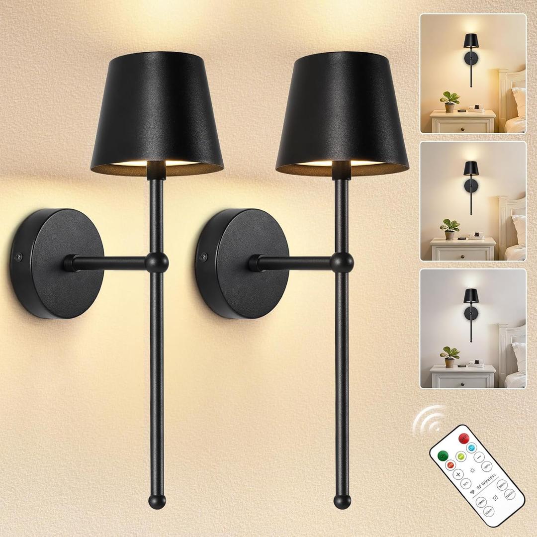 Kimjo Battery Operated Wall Sconce Set of 2, Rechargeable Wireless Wall Sconces Light with Dimmable Timer Remote, 5200mAh Black Cordless Wall Light for Bedroom Living Room Hallway Decor
