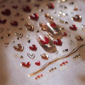 2 x 5D Embossed Heart Nail Stickers for Art - Gold Red Self-Adhesive Valentine's Day Decals - Golden Design for Women - Nail Supplies Decorations Accessories