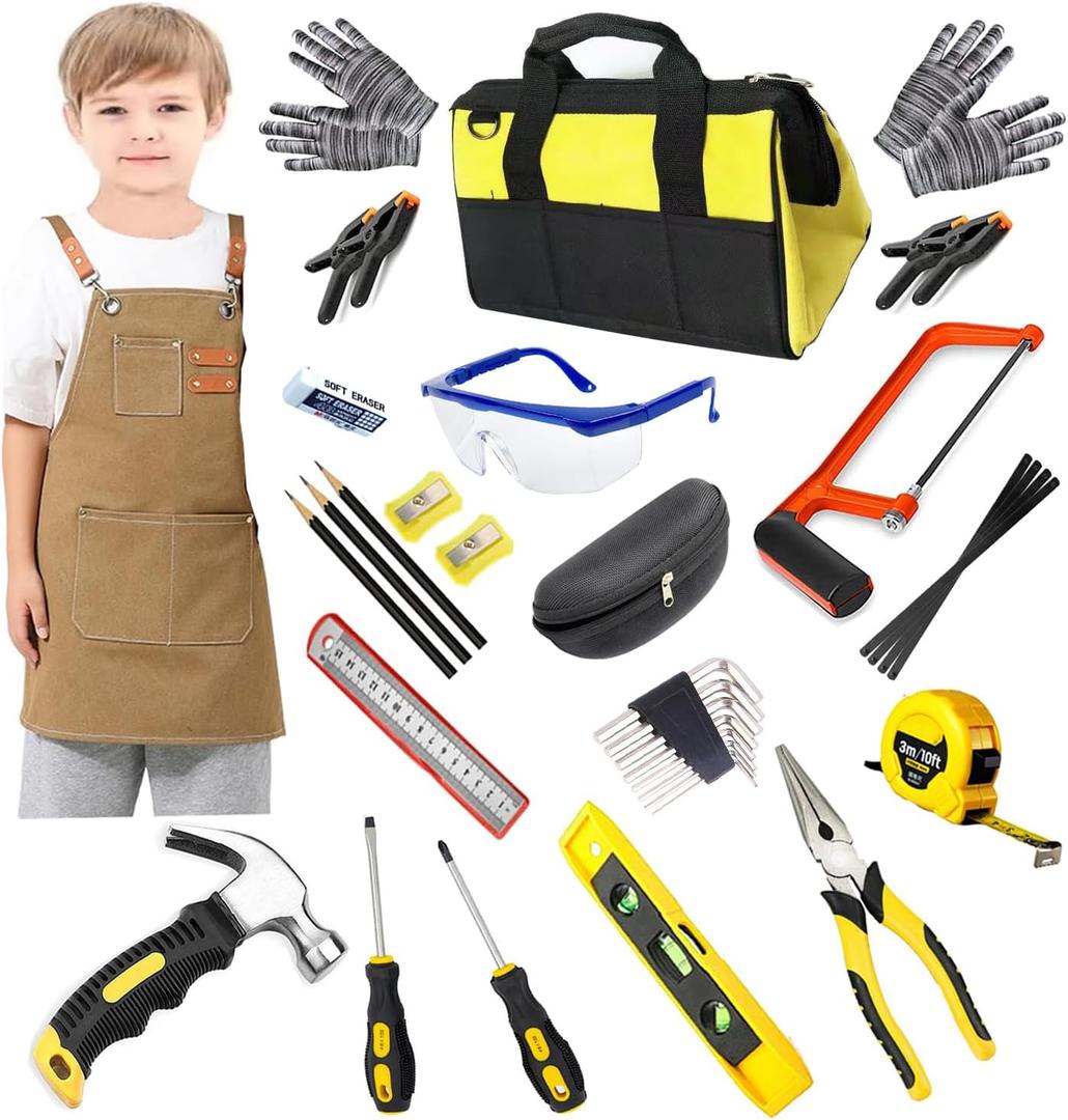 Kids Real Tools Set, Woodworking Tool Set, 38 Pieces with Tool Bag, Wood Workers Apron, Hand Saw, Children Construction Learning Gift