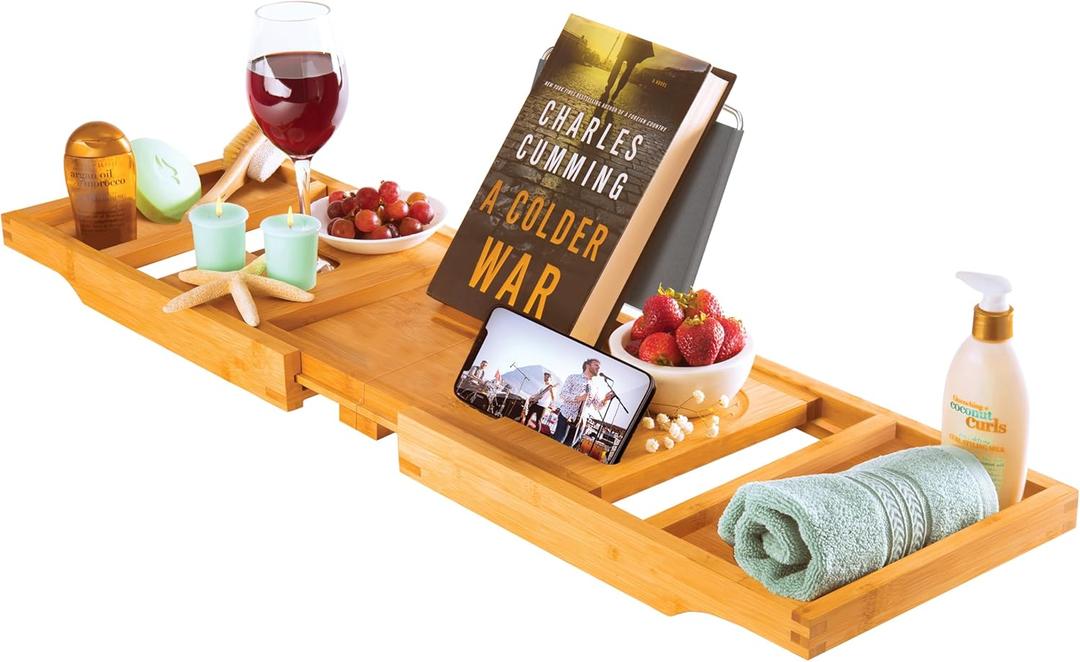 Wooden Bathtub Tray - Foldable Expandable Bamboo Bath Tray for Tub with Holder, Book & Tablet Stand - Bath Caddy for Bathtub, Spa Bath Accessories for Women, Tub Tray Table, Gift for Her or Him