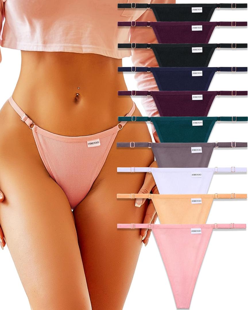FINETOO 10 Pack Adjustable G String Thongs for Women Sexy Underwear Low Rise Womens Thong Cotton Panties for Ladies  (Medium)