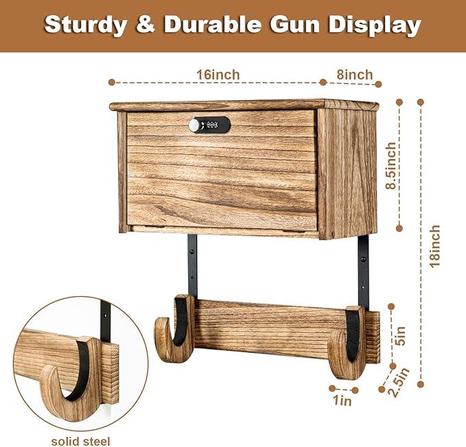 Wooden Wall Mount Gun Rack with Lock, 2-in-1 Horizontal Display for Rifle, Shotgun and Dual Pistols, Secure Firearms Storage Hanger