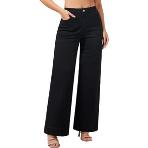 roswear Women's Wide Leg Jeans Casual High Waisted Stretchy Baggy Loose Long Trouser Jeans (Large, Black)