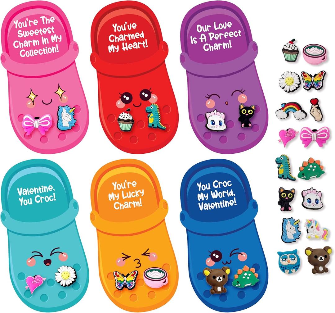 4E's Novelty 48 Pcs Valentines Cards with 96 Cute Shoe Charms, Bulk Valentines Day Cards & Gifts for Kids School Valentines Classroom Exchange Toy with Card, Boys Girls Valentines Party Favors