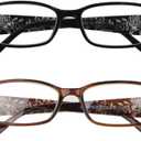 2 Pairs Rectangular Bifocal Reading Glasses for Women,Designer Laser Flower Frame Reader Glasses With Spring Hinge (1 Black & 1 Brown)