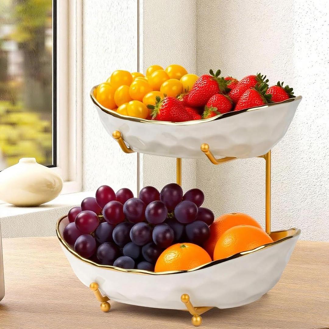 Ceramic Fruit Bowl,2-Tier Countertop Fruit Basket with Metal Stand,Space Saving Modern Tiered Fruit & Snack Stand for Kitchen, Party, Desserts, Nuts and Cake(Gold, 2 Tier)