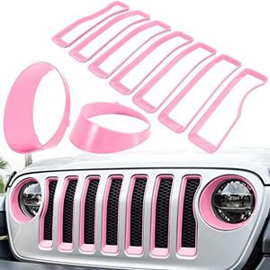 Front Grille Mesh Inserts & Headlight Cover for Jeep Wrangler JL JLU Unlimited Sport & Sport S 2018-2023 Exterior Accessories Clip-in Grille Guard Cover Headlight Bezels Trim Ring (Pink 9PCS)
