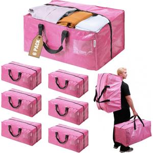 WORKPRO 6 Pack Extra Large Moving Bags with Zippers & Carrying Handles Backpack Straps, Heavy-Duty Storage Tote for Space Saving Moving Storage (Pink)