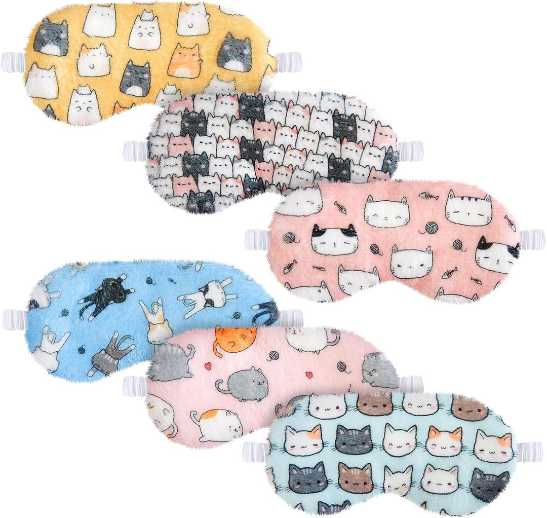 Cuffbow 6 Pack Plush Sleep Mask Set, Cute Plush Eye Masks for Sleeping, Soft Comfortable Travel Nap Blindfold, Sleepover Party Favors for Women(Cat,Colorful)